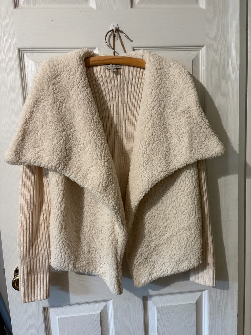 Calvin Klein Jeans Cream Sherpa Open-Front Jacket with Rib-Knit Sleeves